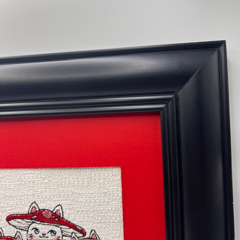 Homemade Black & Red Mushroom Cat Framed Embroidery Art - Picture 5 of 8